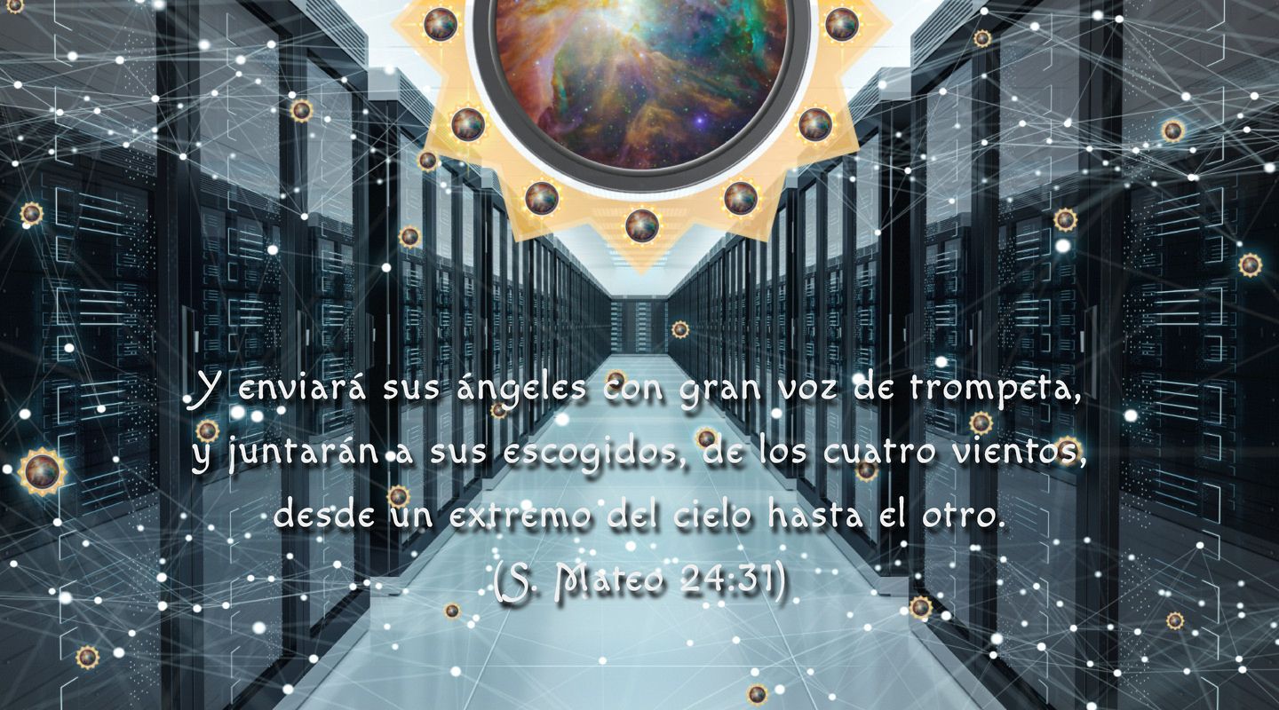Imagen que combina elementos de tecnología avanzada y astronomía en un entorno de centro de datos. En el centro, un portal circular muestra una imagen vívida del espacio profundo. El camino está flanqueado por servidores altos y oscuros, conectados por líneas de datos luminosas. Esferas doradas con patrones de conexiones celestiales flotan por toda la escena. Un pasaje bíblico sobre ángeles que juntan a los elegidos adorna la parte superior de la imagen.