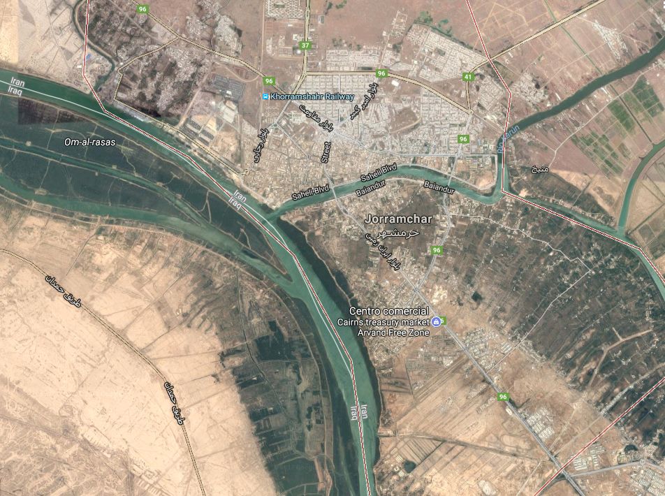 Imagen satelital que muestra un tramo del río que divide dos áreas geográficas, con ciudades y rutas claramente marcadas en ambos lados del río. El paisaje muestra zonas urbanas densas y terrenos agrícolas más despejados.