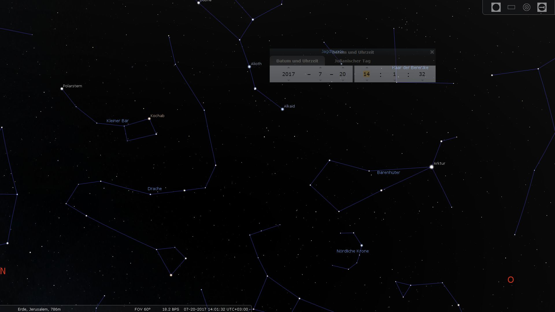 Sternkarte mit dargestellten Sternbildern und einem geöffneten Dialogfenster, das Datum und Uhrzeit anzeigt. Namen wie Polaris, Kleiner Bär und weitere sind markiert, vor einem dunklen Himmelsbackground, der von unzähligen Sternen übersät ist.