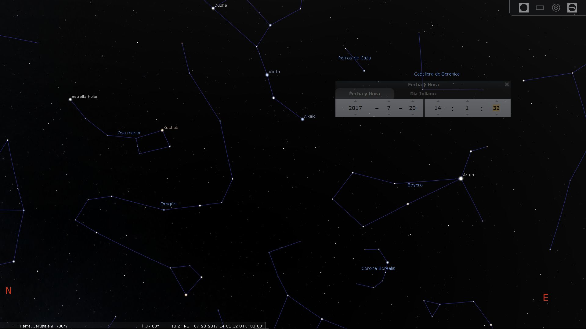 Vista de un mapa estelar interactivo mostrando diversas constelaciones como Osa Menor, Dragón y Boyero, identificadas con líneas que unen las estrellas. En la parte superior derecha, una ventana muestra la fecha y hora exacta del avistamiento.