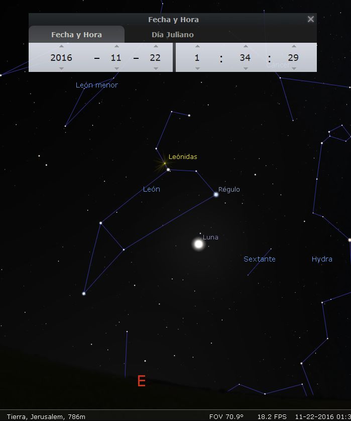 Pantalla de simulación estelar nocturna mostrando varias constelaciones y la Luna sobre la Tierra desde Jerusalén. La imagen incluye etiquetas de objetos celestes como constelaciones y un meteoro, además de los controles de fecha y hora específicas y la localización en coordenadas julianas.