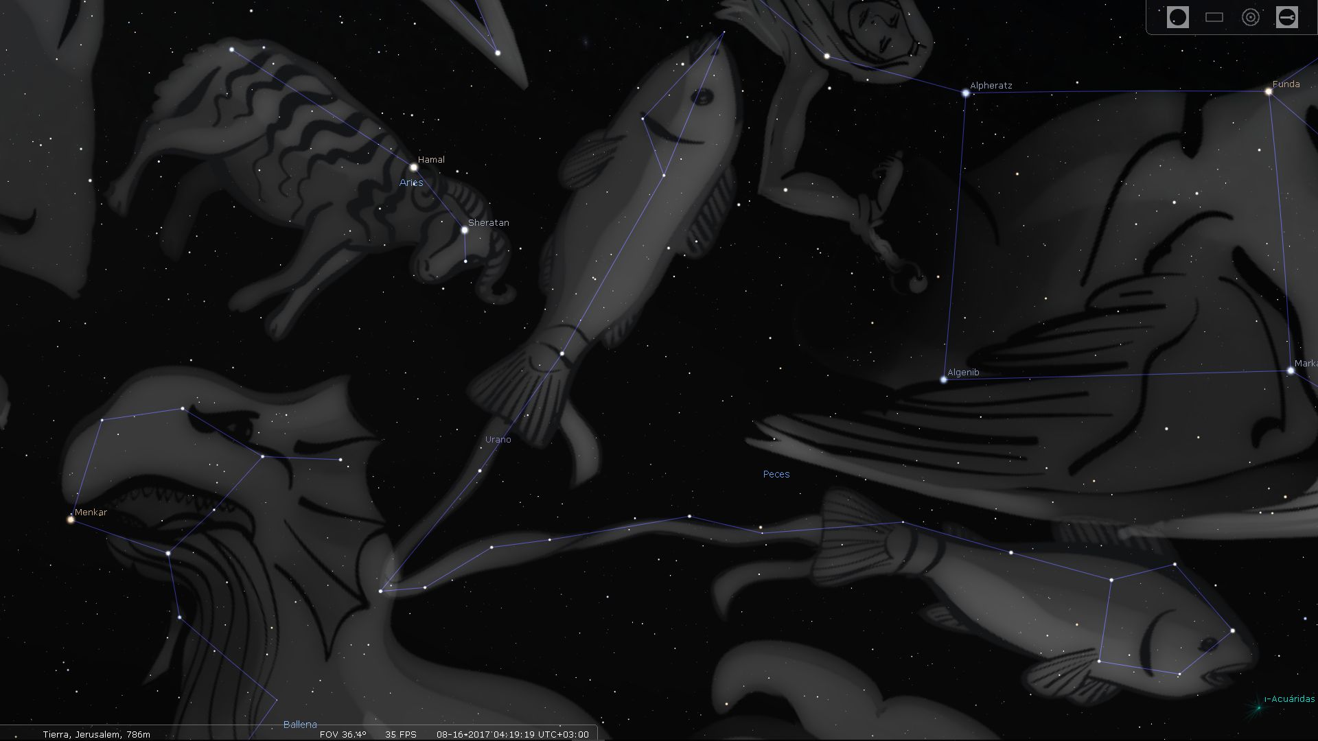 Ilustración en blanco y negro de varias constelaciones en el cielo nocturno estrellado. Se representan grandes figuras conectadas por líneas que simulan agrupaciones estelares, incluyendo una figura que representa una criatura marina y otra que simula un carnero.