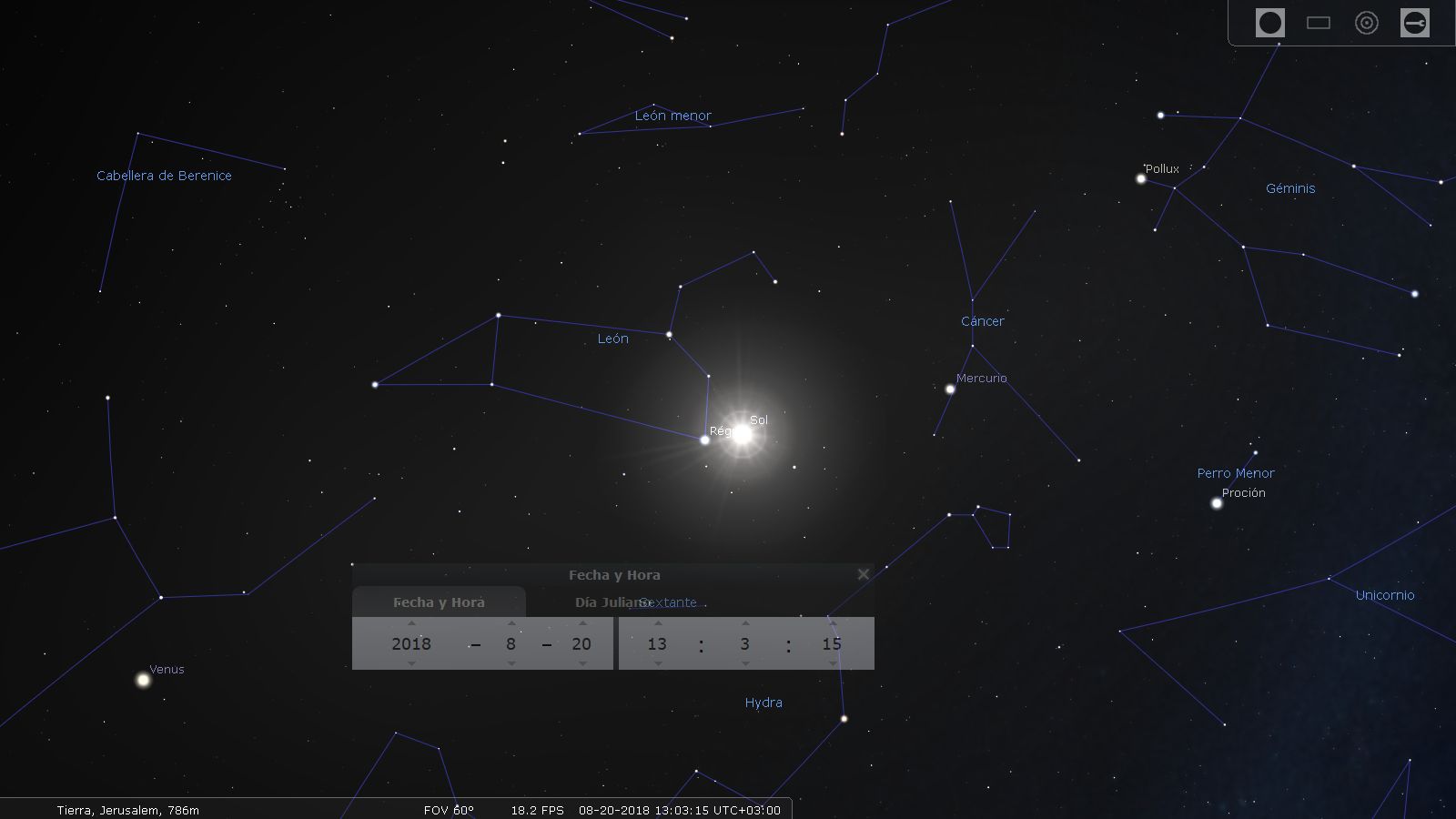 Vista del cielo estrellado mostrando constelaciones y cuerpos celestes, con destacados como Venus, el Sol radiante y otras formaciones astronómicas conectadas por líneas que forman diagramas. Incluye etiquetas con nombres como "Cabello de Berenice" y "León menor". En la pantalla se visualiza un panel con información de fecha y hora.