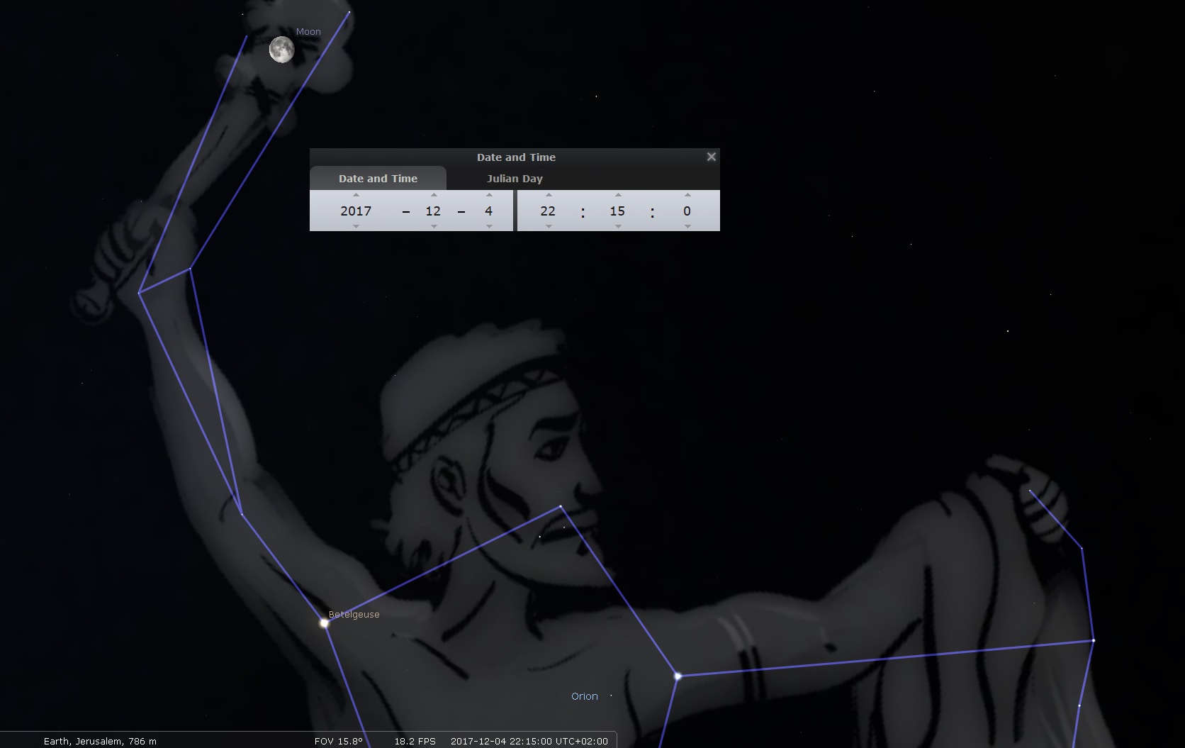 The moon in the hand of Orion just hours after the fifth trumpet began.