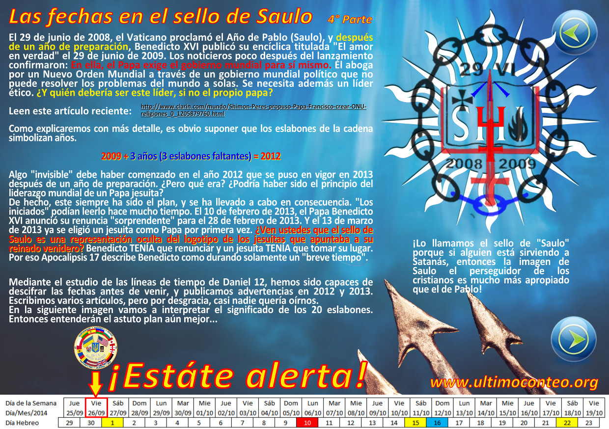 Imagen que muestra un artículo con texto en español sobre temas teológicos y temporales, indicando eventos importantes y sus fechas. Incluye un gráfico central con una cruz y cifras 2008 y 2009, y un calendario detallado en la parte inferior. Dominan los colores rojo, azul y blanco.