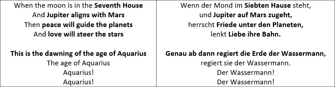 Bild von Text in Englisch und Deutsch. Der Text beschreibt wissenschaftlich astronomische Ausrichtungen und die metaphorische Beschreibung von Frieden und Liebe, die über Himmelskörper und metaphorische Äras herrschen, jedoch unter Vermeidung spezifischer astrologischer Terminologie.