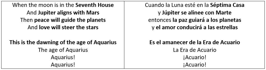 Imagen mostrando un texto bilingüe en inglés y español. El contenido habla sobre la alineación astronómica de la Luna, Júpiter y Marte y describe un periodo de paz y amor, refiriéndose poéticamente a la Era de Acuario sin mencionar directamente términos astrológicos.