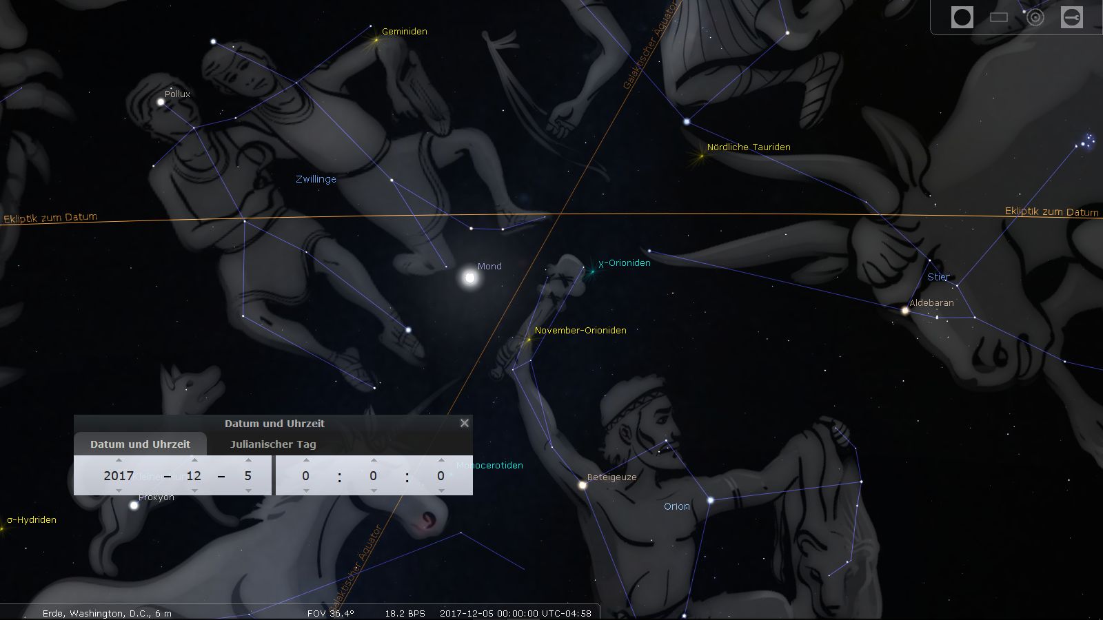 Ein astronomisches Diagramm, das verschiedene Sternbilder und Himmelskörper zeigt, darunter der Mond und die Sterne Pollux, Aldebaran und Betelgeuze. Linien verbinden die Sterne innerhalb jedes Sternbilds, darunter die Sternbilder Orion und Mazzaroth iI. Der Himmel ist dunkel mit einer Übersicht der Eklipse vor einem Datum.