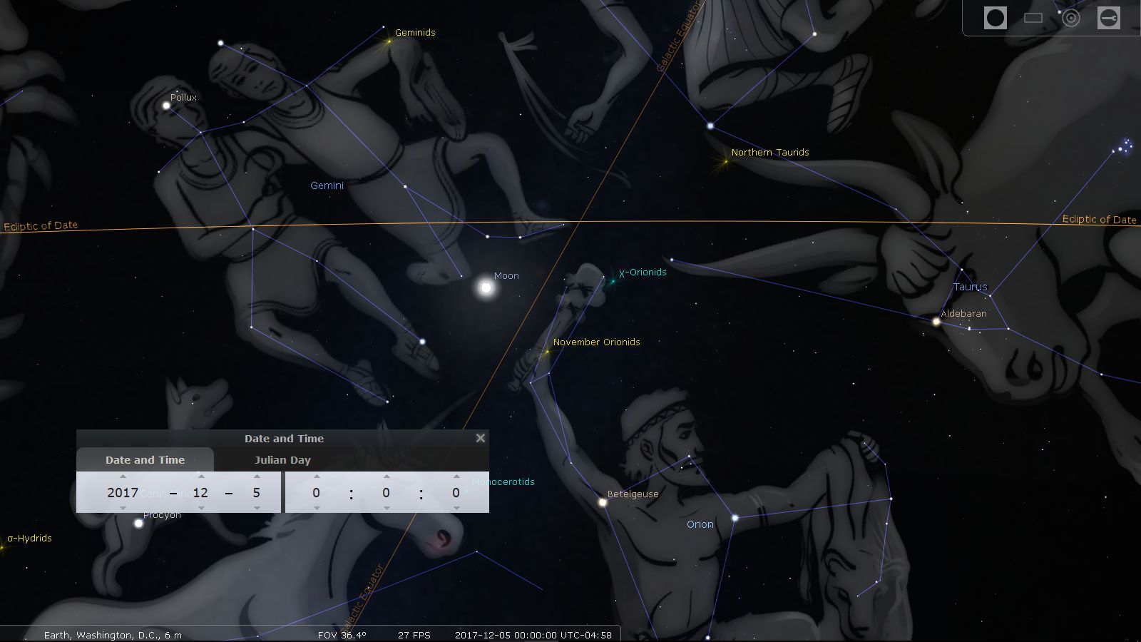 A digital star map showcasing various collections of stars overlaid with illustrative figures and connected lines to depict the Mazzaroth. Notable are figures representing Gemini and Orion with annotations like Aldebaran and Betelgeuse. The map includes labels for meteor showers such as the Geminids and the Northern Taurids, alongside astronomical details like the Moon's position. A dashboard at the bottom displays the date and time as December 5, 2017.