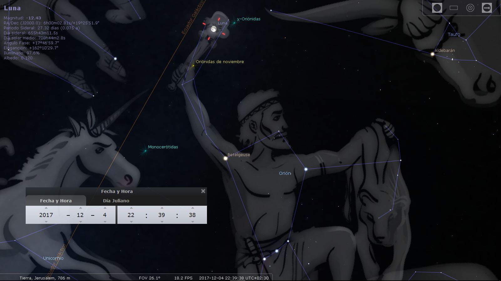 Imagen de un programa de astronomía mostrando la constelación de Orión y algunas estrellas cercanas en el cielo nocturno. El diagrama incluye líneas que conectan las estrellas para formar la figura de Orión, que sostiene un club y un escudo. La Luna y otras configuraciones celestes, como las lluvias de meteoros, también están marcadas y etiquetadas con datos como la magnitud y la posición.