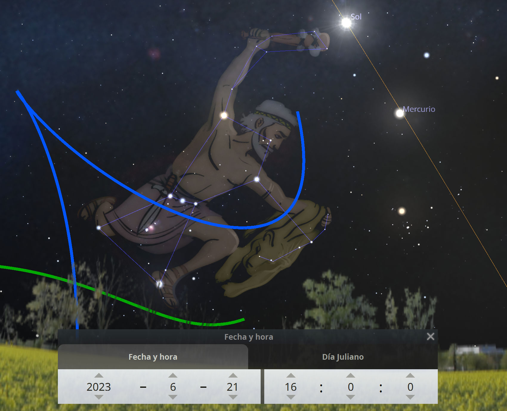 Ilustración de un patrón de estrellas conectadas formando la figura de un arquero, bajo un cielo nocturno estrellado con etiquetas que identifican al Sol y a Mercurio. En el fondo se muestra una línea de horizonte oscuro con árboles y un campo.