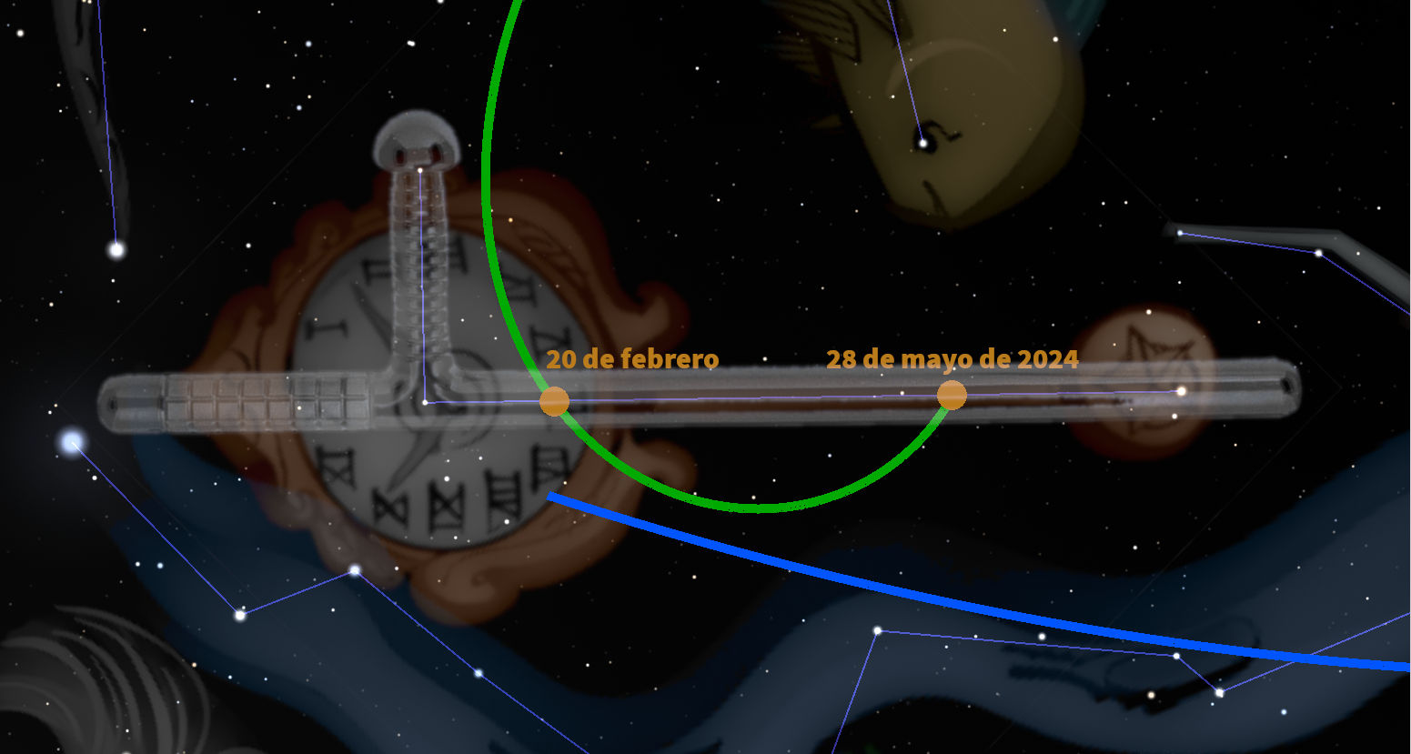 Ilustración digital enriquecida con un cielo estrellado, mostrando una esfera celeste con marcas que parecen representar elementos de la Mazzaroth, específicamente fechas entre el 20 de febrero y el 28 de mayo de 2024. Se visualiza una estructura circular central con manecillas extendidas conectadas por líneas que sugieren mediciones o alineaciones estelares.