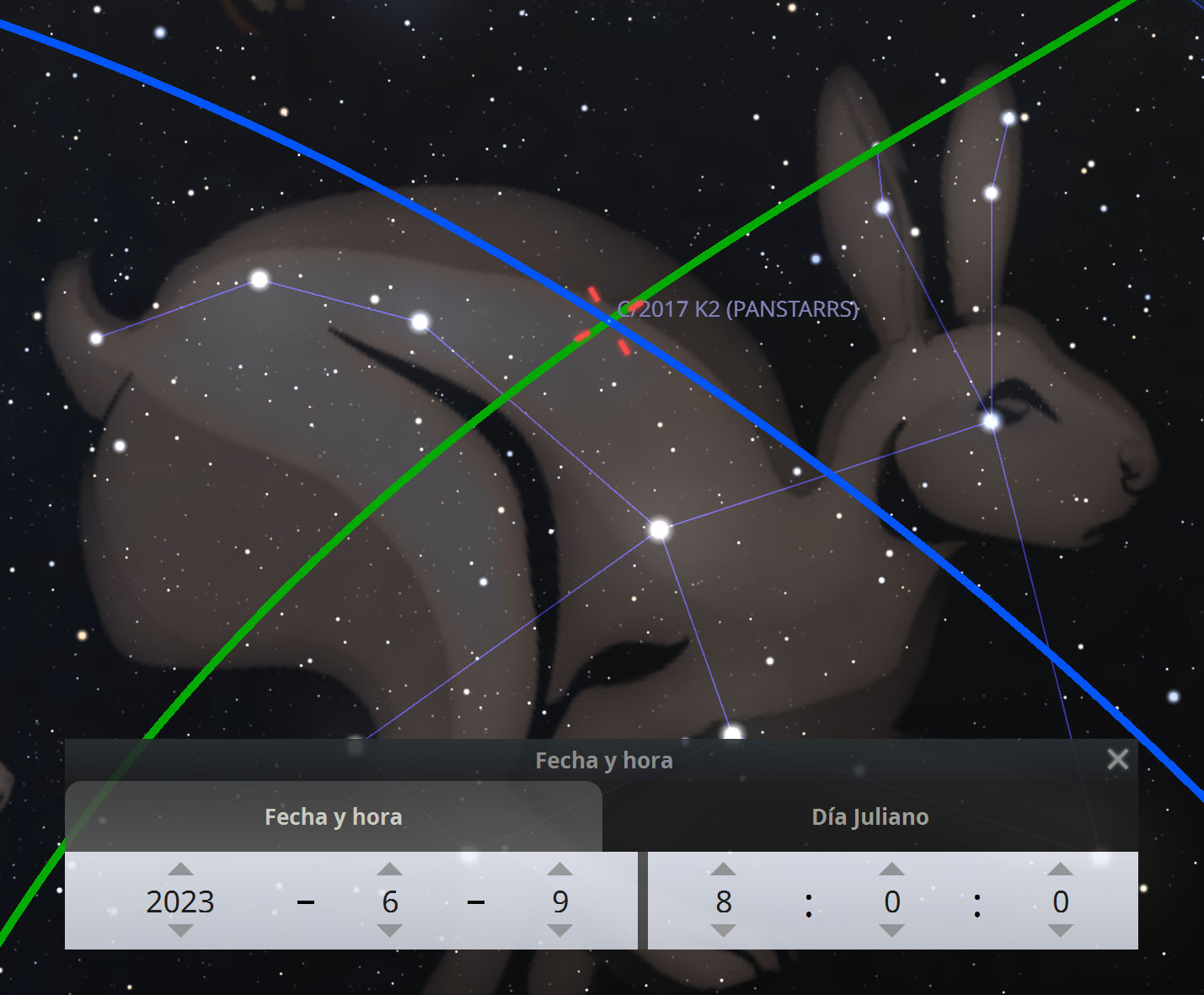 Imagen digital que muestra una configuración celeste que representa una constelación del Mazzaroth en forma de un conejo, con líneas conectando estrellas brillantes sobre un fondo de estrellas dispersas. En la esquina inferior hay un panel con una fecha "2023 - 6 - 9" y una referencia a la hora juliana. Un cometa etiquetado como "2017 K2 (PANSTARRS)" es visible en la parte superior, intersectado por líneas azules y verdes.