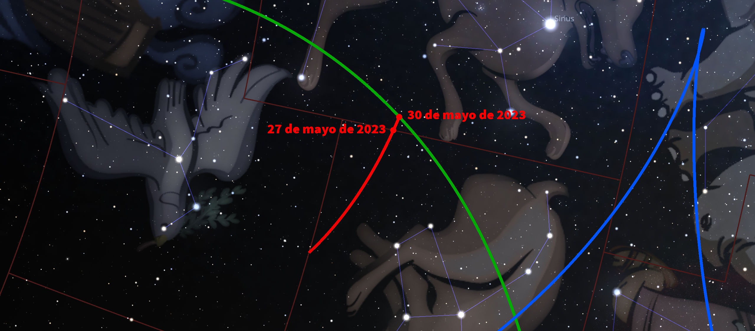 Ilustración digital nocturna que muestra una colección de constelaciones conectadas por líneas, sobre un fondo estrellado. Se destacan tres líneas de tiempo de diferentes colores que conectan puntos específicos, marcadas con las fechas 27 y 30 de mayo de 2023. En el cielo también se observa la estrella brillante, Sirius.