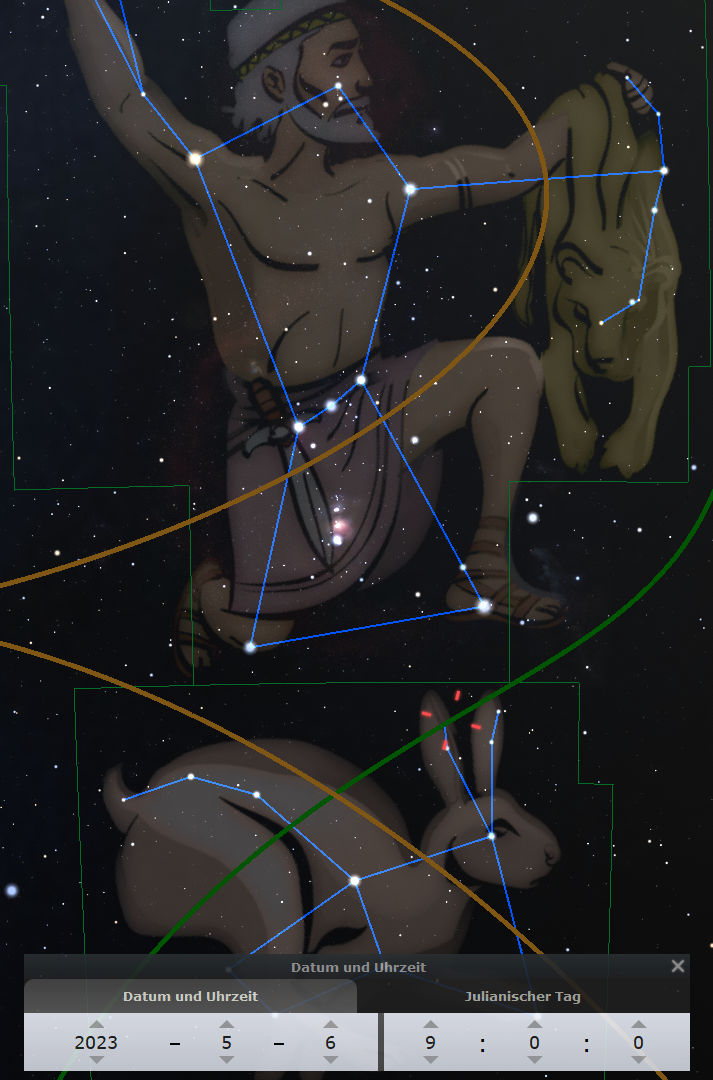 Eine grafische Darstellung astronomischer Konstellationen im Sternenhimmel, dargestellt durch die Figuren eines menschlichen Jägers und eines Löwen, verbunden durch blaue Linien, die die Sterne markieren. Der Hintergrund zeigt ein dunkles Sternenfeld mit zusätzlichen gelben und grünen geometrischen Formen und einer Benutzeroberfläche, die Datum und Uhrzeit zeigt.
