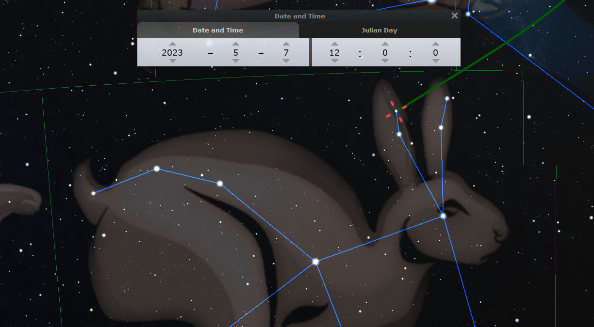 A digital representation of a celestial rabbit outlined by stars in the night sky within a star map application. Overlaid lines connect bright stars to form the rabbit's shape, and the ambient background displays numerous other stars. The application interface shows options for setting Date and Time and Julian Day, with the date displayed as May 7, 2023.