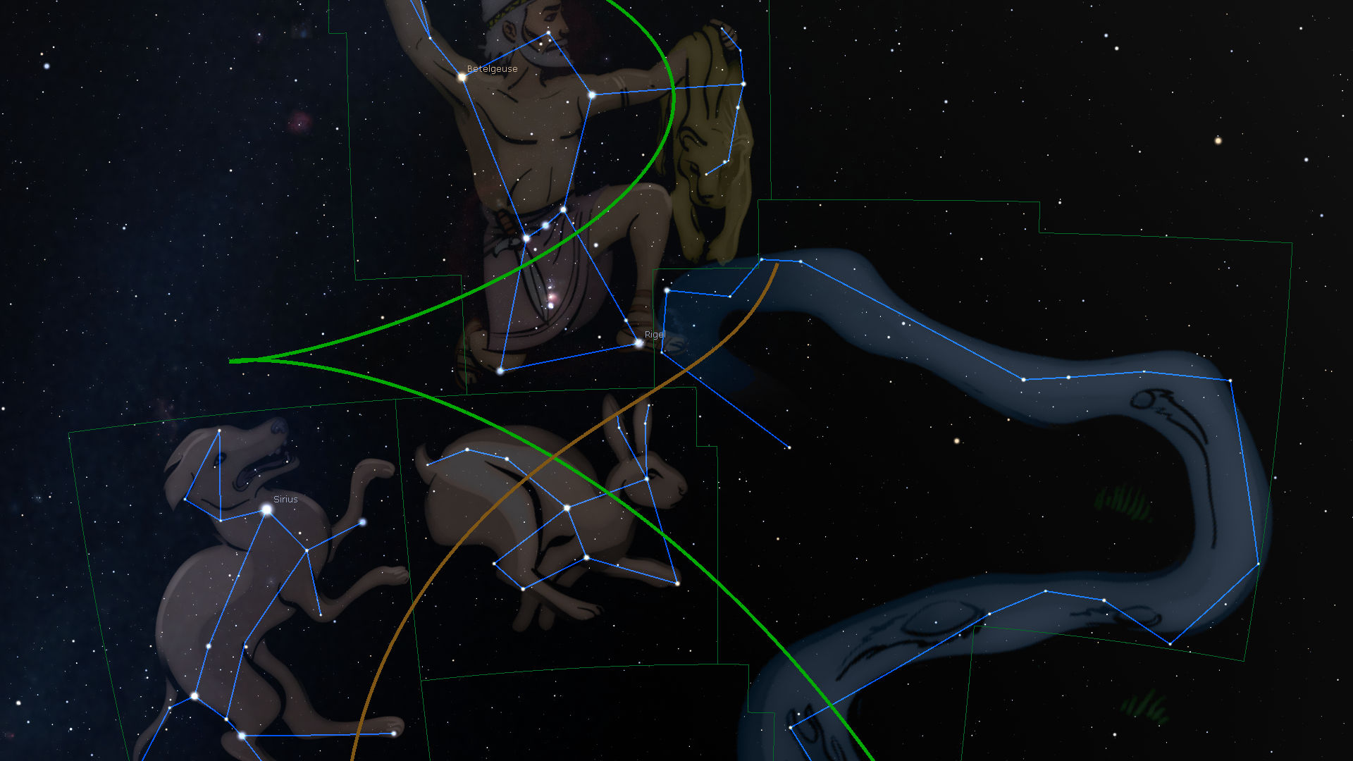 A celestial depiction of various Mazzaroth constellations against a starry sky background. Included are illustrations linked by lines forming the figures of a human archer, a bull, twins, and a water bearer.