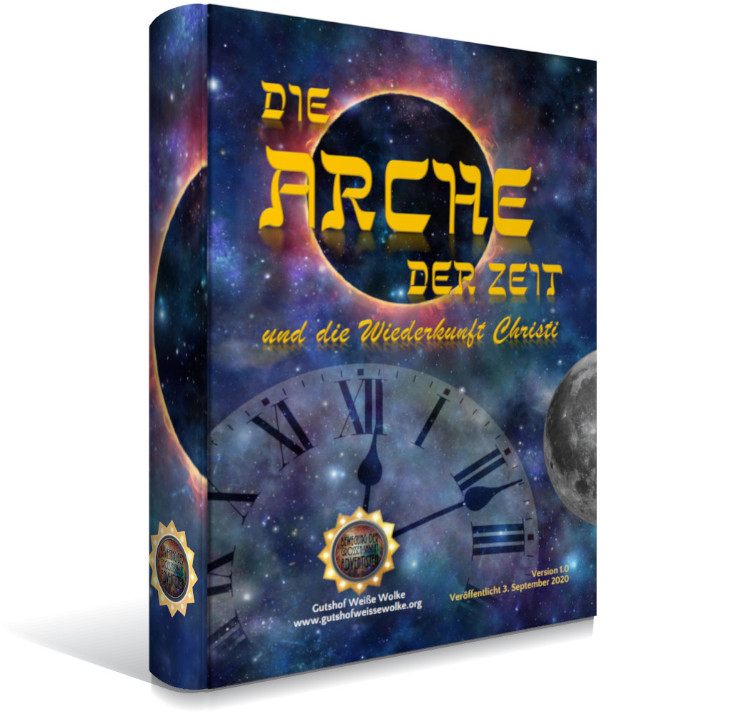 Ein Buchcover mit dem Titel "Die Arche der Zeit und die Wiederkunft Christi", umgeben von einer Sternennebelgrafik mit einer Uhr, die die Stunde zeigt, und einem detaillierten Blick auf den Mond in einer kosmischen Umgebung. Die Uhr stellt Elemente auf einem Navigationsinstrument dar, und Symbole, die an die "Mazzaroth" erinnern könnten, sind sichtbar.