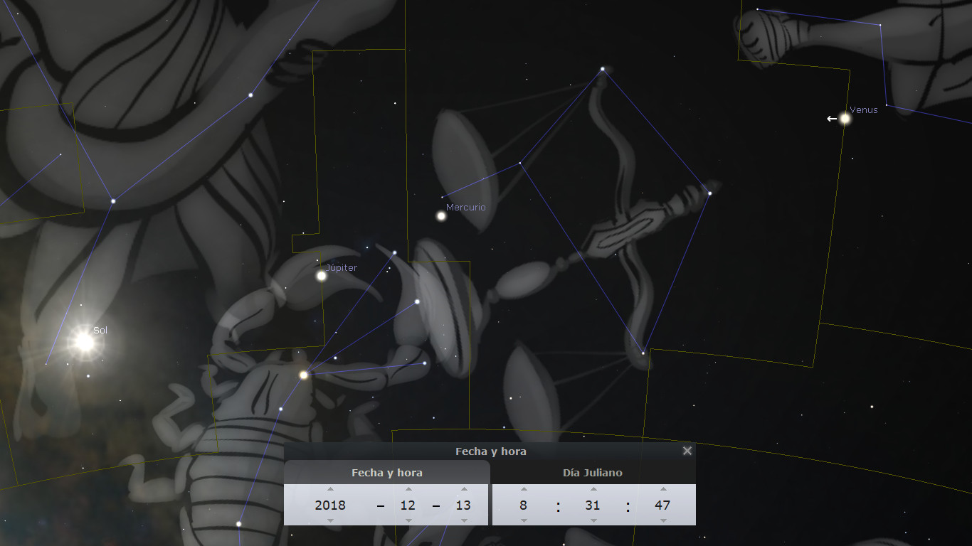 Representación digital del cielo nocturno que muestra la posición de cuerpos celestiales como el Sol, Mercurio, Júpiter y Venus, conectados por líneas que forman figuras del Mazzaroth. Se incluyen etiquetas y coordenadas astronómicas en un fondo oscuro estrellado.