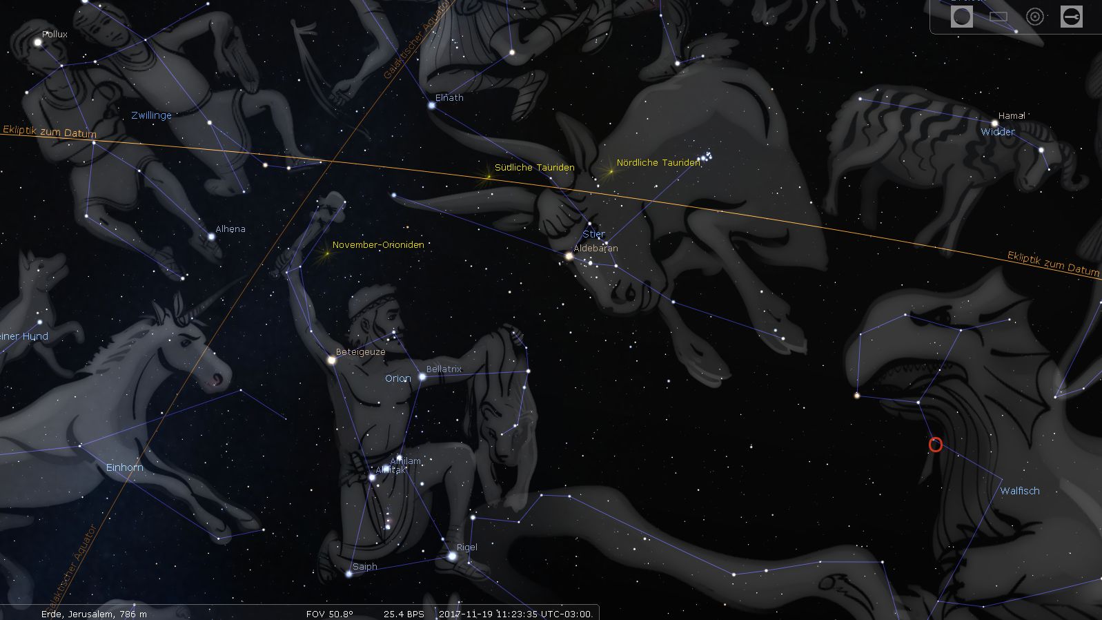 Digitale Darstellung des nächtlichen Sternenhimmels mit illustrierten Konstellationen und benannten Sternen wie Orion und Pollux. Die Konstellationen sind als figürliche Darstellungen, wie ein Einhorn und ein großer Hund, zu sehen. Linien verbinden die Sterne zu erkennbaren Mustern, und Markierungen wie "Eklipitk zum Datum" weisen auf die Positionen am Himmel hin.