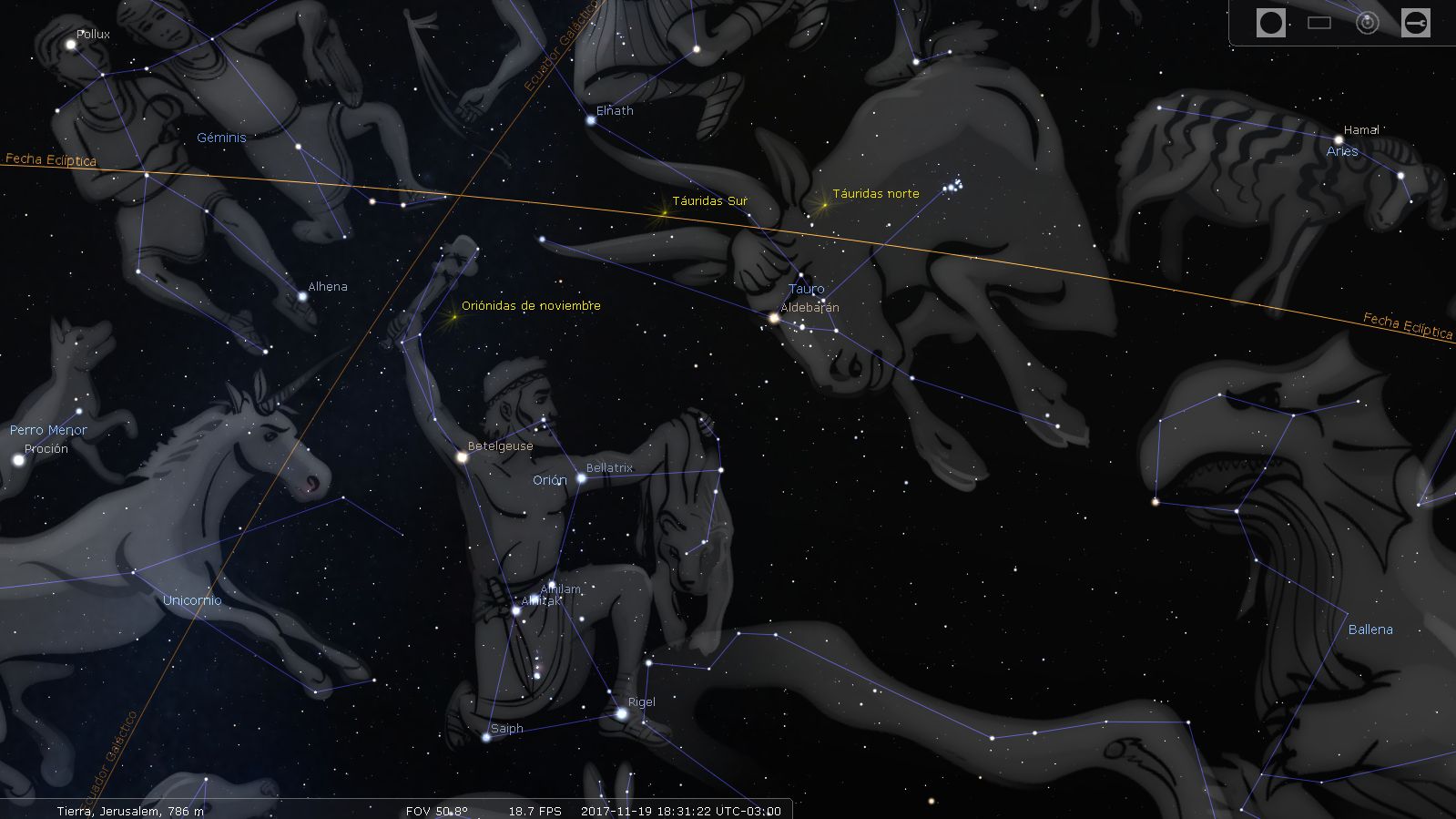 Vista detallada de un mapa estelar que muestra constelaciones y estrellas brillantes como parte de la Mazzaroth. Se incluyen representaciones gráficas de cada constelación con líneas conectando estrellas significativas y nombres etiquetando las características importantes como Orión, Tauro y Géminis, sobre un fondo estelar oscuro.