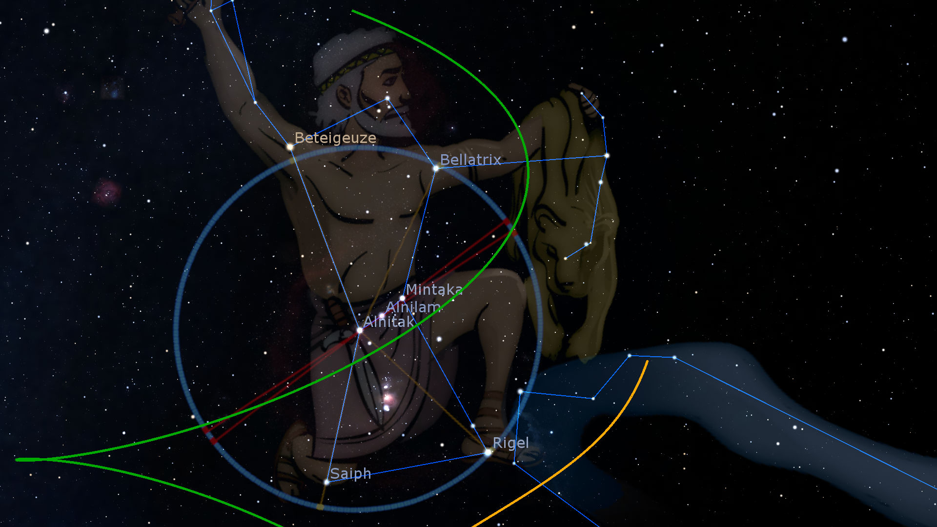 Illustration eines Sternbildes im nächtlichen Himmel, dargestellt als menschliche Figur, die einen Löwen umarmt. Diverse Sterne wie Betelgeuse und Rigel sind markiert und durch Linien verbunden, die die Umrissformen nachzeichnen. Hintergrund zeigt eine Dunstschicht von Sternen und die Silhouette der Milchstraße.