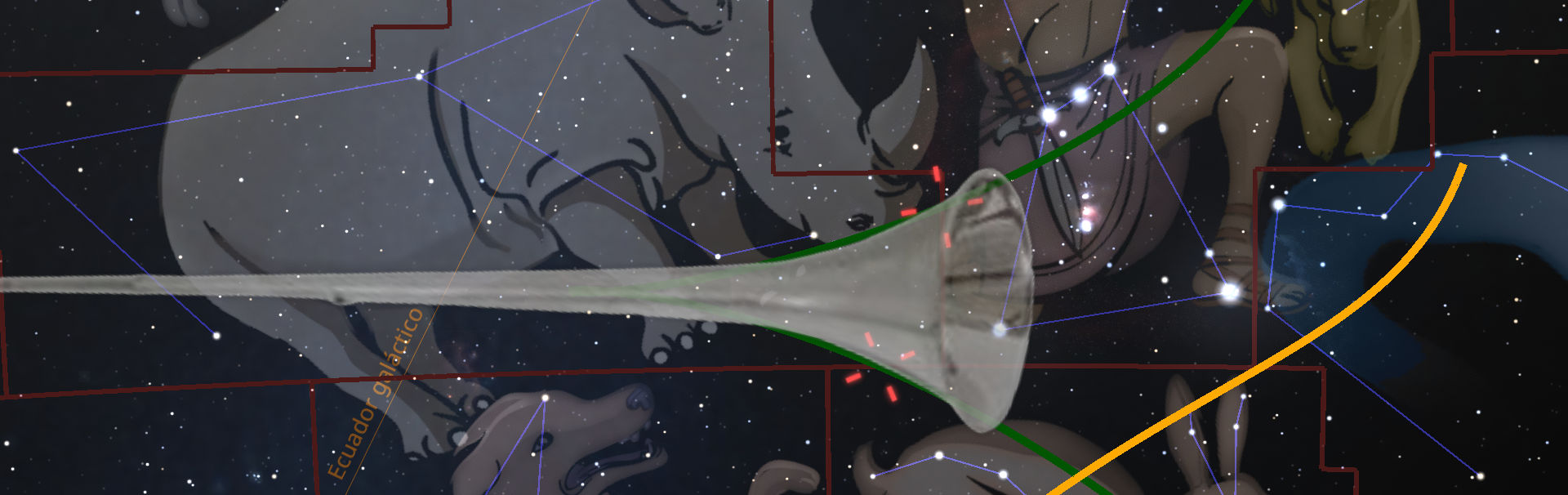 Ilustración digital de un cielo estrellado que muestra varias constelaciones conectadas por líneas, junto a grandes figuras celestiales grises superpuestas. Incluye detalles como el ecuador galáctico y posiciones astronómicas, además de unas delicadas líneas de colores que simbolizan diferentes trayectorias celestes.