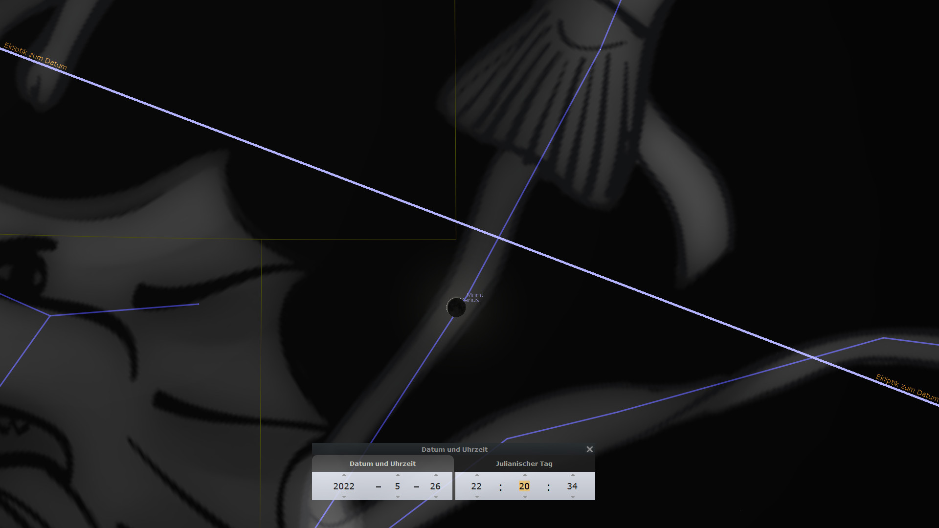 Dunkles, stilisiertes digitales Bild von Himmelskörpern und ihren Bahnen um einen zentralen Punkt, vermutlich eine astronomische Softwareansicht. Ein Pop-up-Fenster zeigt Datum und Uhrzeit in wissenschaftlichem Kontext.