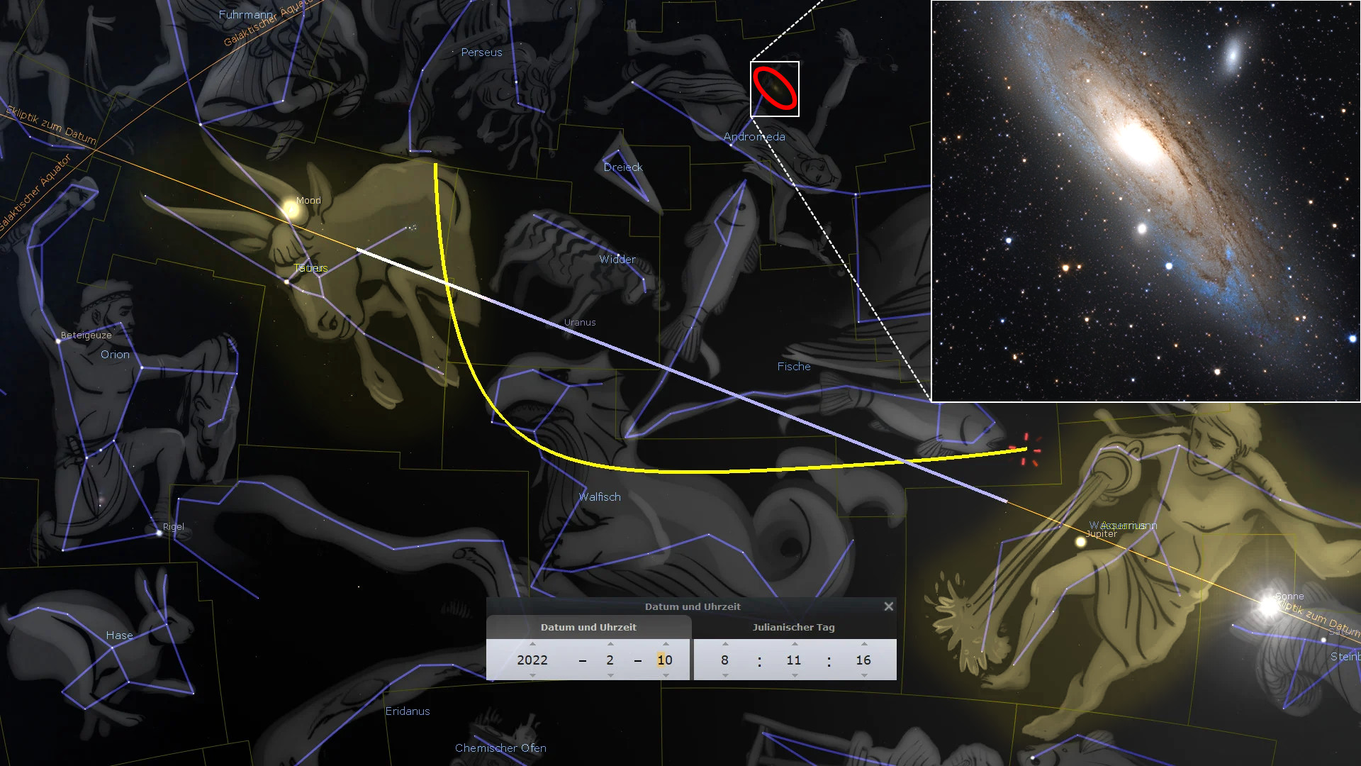 Digitale Darstellung eines Sternenhimmels mit verschiedenen Sternbildern und Positionen astronomischer Objekte. In der Mitte eine detaillierte Anzeige des Sternbilds Andromeda mit hervorgehobenen Hauptsternen und ihrer mythologischen Silhouette. Ein eingefügtes Bild zeigt die Andreomedagalaxie mit deutlich sichtbaren Sternen und Staubbahnen.