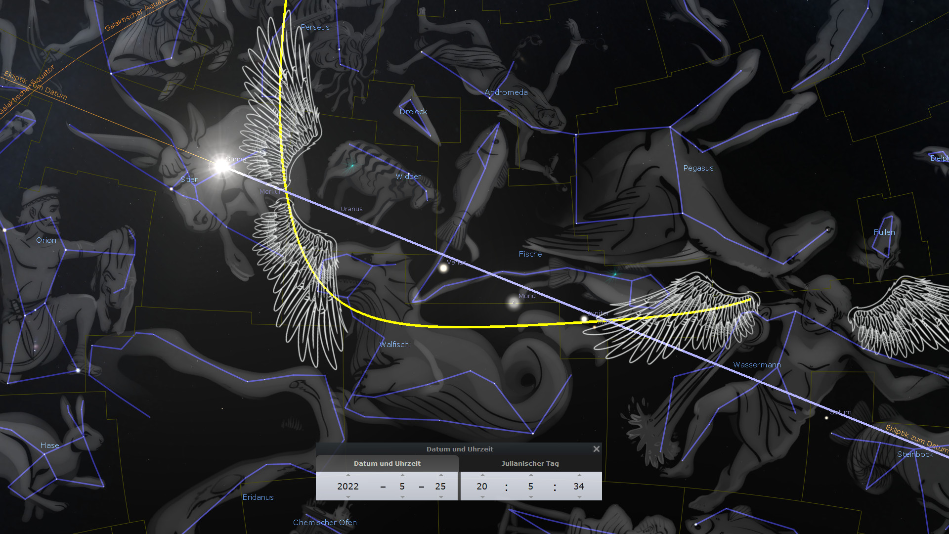 Eine wissenschaftliche Darstellung des Sternenhimmels mit verschiedenen Konstellationen und symbolischen Darstellungen der Mazzaroth. Markante Linien verbinden die Sterne zu Figuren wie Orion und Andromeda, während leuchtende gelbe und weiße Linien spezifische Sternbahnen hervorheben.
