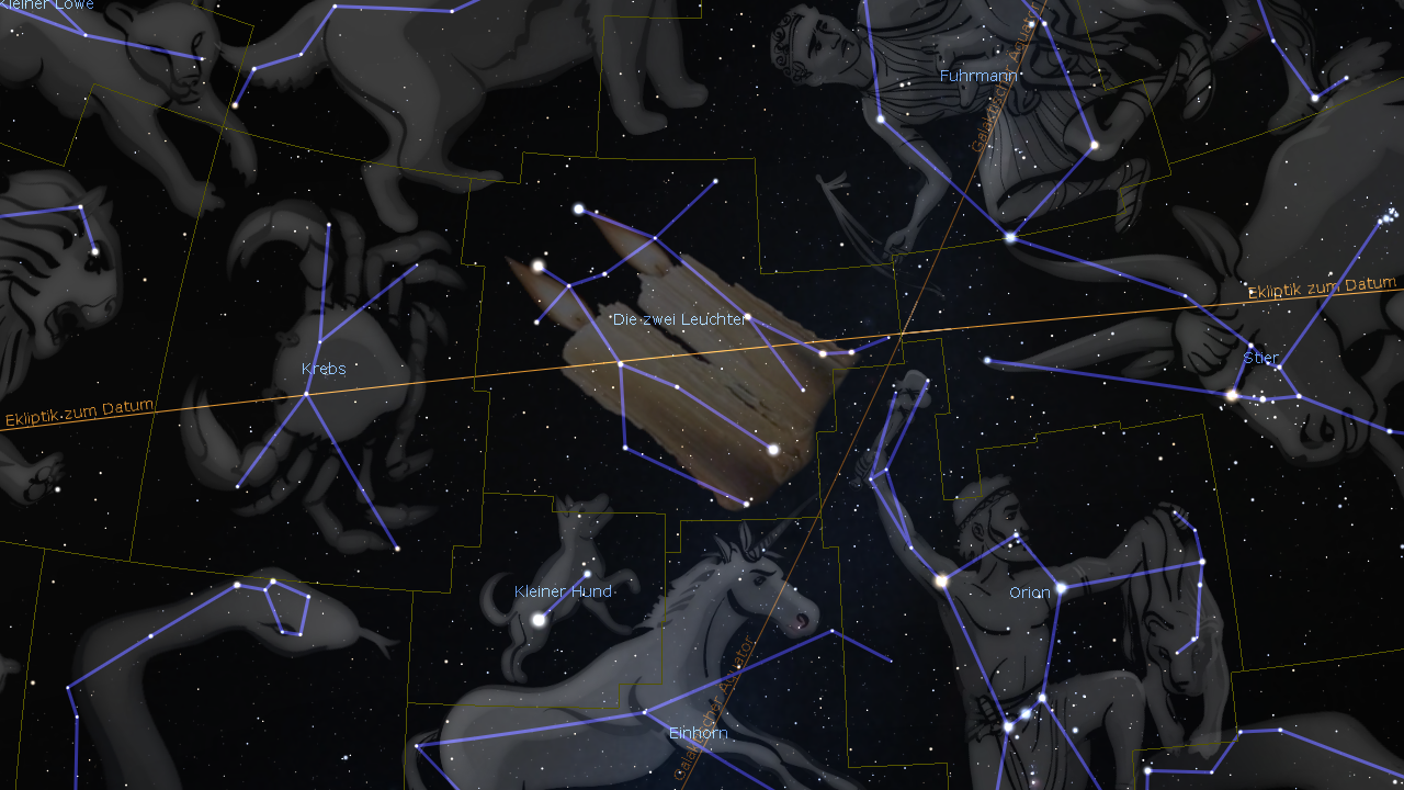 Eine detaillierte Darstellung der Mazzaroth, einschließlich verschiedener Sternbilder wie Orion und Krebs, verbunden durch blaue Linien, gegen einen dunklen, sternbedeckten Himmel. In der Mitte befindet sich eine markante Bildung bekannt als "Die zwei Leuchter", die einem lichtstrahlenden Nebel ähnelt.