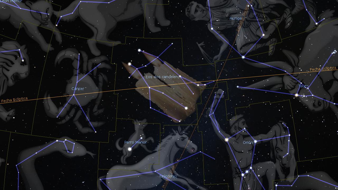 Vista nocturna del cielo estrellado que muestra diversas constelaciones conectadas por líneas que forman figuras como Tauro, Orión y otros elementos de la Mazzaroth. Se destaca una galaxia vista de borde, conocida como Los dos candeleros, en la parte central.