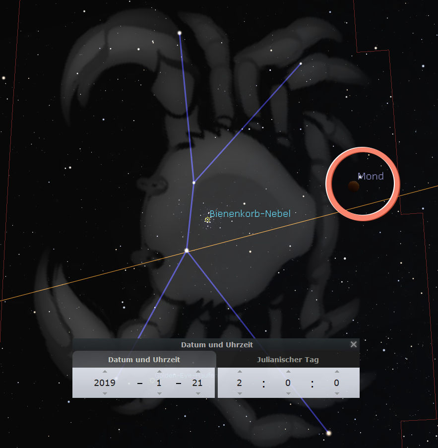 Astronomische Abbildung zeigt eine stilisierte Darstellung eines Tieres aus den Mazzaroth im Sternenhimmel, mit markierten Linien, die die Sternenkonstellationen darstellen. Der Mond ist deutlich in einem markierten Kreis hervorgehoben. Die Darstellung beinhaltet auch eine Beschriftung, die auf eine Beobachtung am julianischen Tag im Jahr 2019 hinweist.