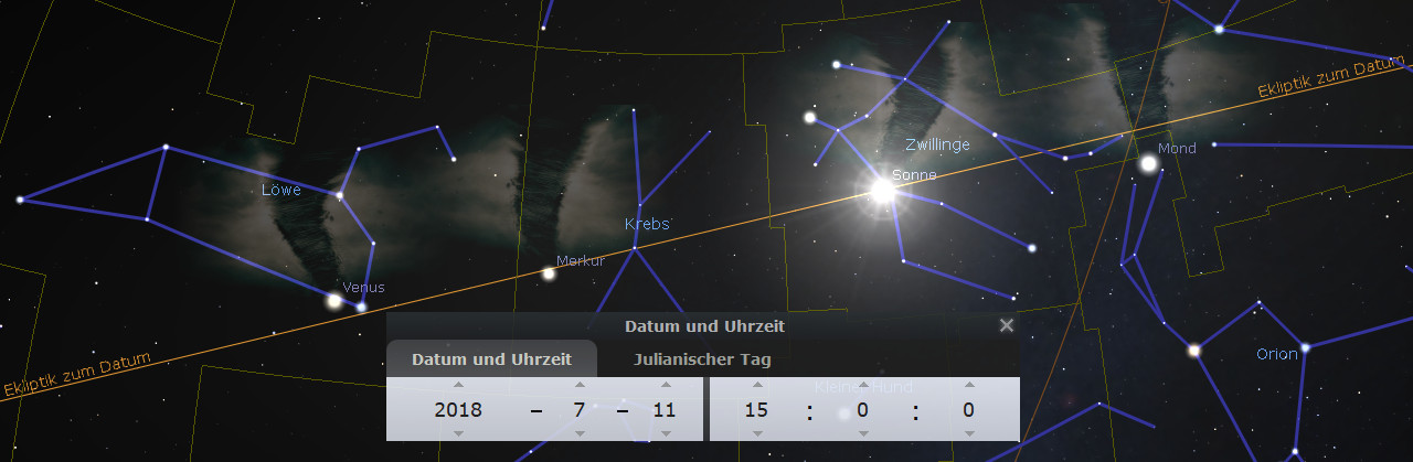 Sternkarte mit überlagerten Verbindungslinien zwischen Himmelskörpern, die bestimmte Konstellationen darstellen, einschließlich dem von den Wissenschaftlern als "Löwe" und "Krebs" bekannten Konstellationen. Mehrere Planeten wie Venus und Merkur sind ebenso sichtbar. Ein Interface zeigt das Julianische Datum und die Uhrzeit, hier spezifisch der 11. Juli 2018 um 15 Uhr.