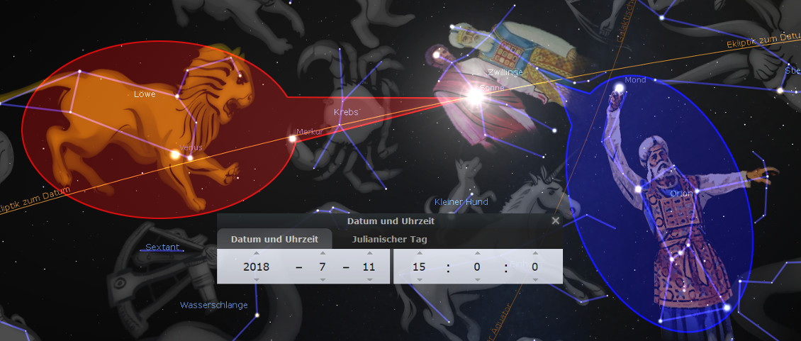 Ein interaktives digitales Bild, das verschiedene Konstellationen im dunklen Weltraum zeigt. Dazu gehören illustrierte Darstellungen von einem Löwen, einem Krebs und einem Krieger (Mazzaroth). Auf einem integrierten Panel ist das Datum und die Uhrzeit auf den 11. Juli 2018 um 15:00 Uhr eingestellt, um die Positionen der Sterne zu diesem Zeitpunkt zu zeigen. Die gesamte Szenerie ist mit wissenschaftlichen Bezeichnungen wie den Namen der Konstellationen und der Planeten (wie Merkur) versehen.