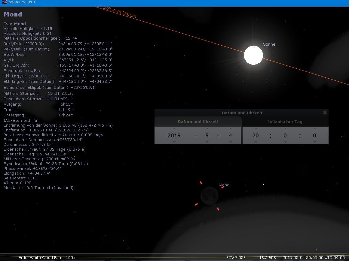 Darstellung eines astronomischen Simulationsprogramms, das den Mond und die Sonne anzeigt. Detaillierte Informationen zu den Himmelskörpern, wie Entfernung, Durchmesser und Position im Raum, sind auf der linken Seite erkennbar. Die Zeitsteuerung und Datumsangabe sind unten rechts im Bild angezeigt.