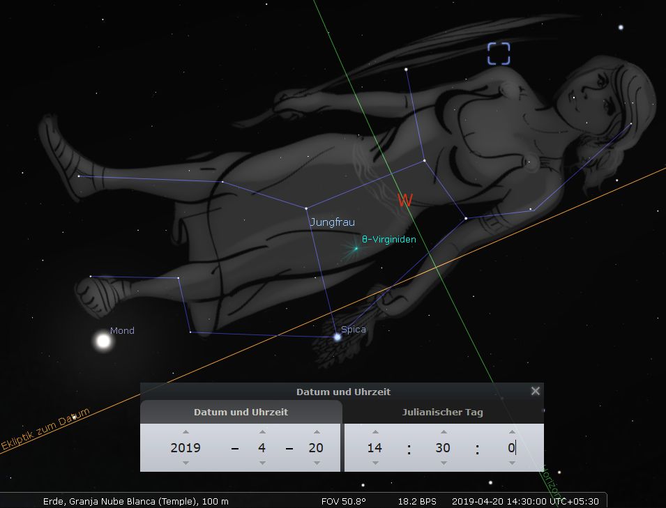 Illustration einer weiblichen Figur, die mit den Sternen des Mazzaroth assoziiert ist, speziell mit der Konstellation, die in der Wissenschaft als Jungfrau bekannt ist. Der Mond ist deutlich sichtbar an der unteren linken Seite des Bildes, und es gibt Beschreibungen und Daten, die sich auf astronomische Positionen und Zeitangaben beziehen.