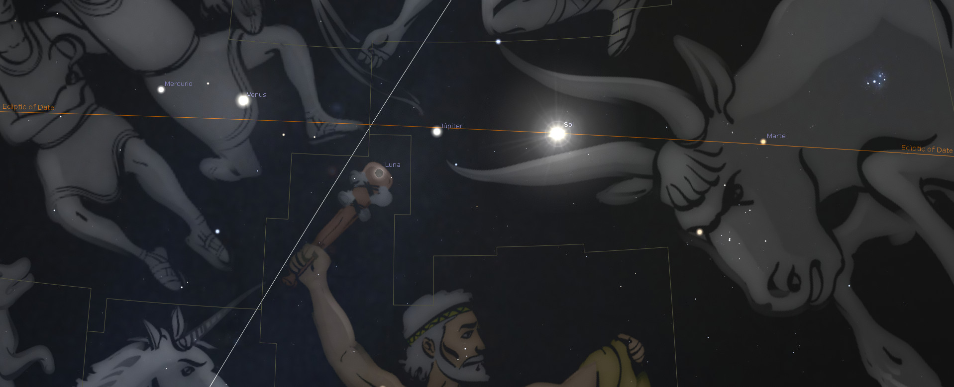 Imagen de un cielo nocturno ilustrado con figuras que representan las constelaciones conectadas por líneas. Se observa a un hombre levantando un objeto cilíndrico hacia la Luna, con planetas visibles como Mercurio, Venus, Júpiter, Sol y Marte, marcados con sus respectivos nombres. Un término específico, "Ecliptic of Date", atraviesa la imagen.