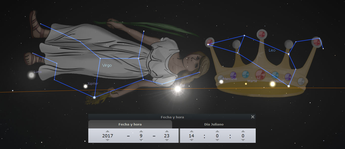 Ilustración digital de un cielo estrellado con representaciones de figuras y constelaciones conectadas por líneas sobre un fondo negro. Se destaca una figura femenina y una corona, con planetas como Júpiter, Mercurio y Venus etiquetados cerca de su posición. Debajo, una interfaz muestra la fecha y hora específica.
