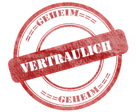 Ein roter Stempel mit den Worten "GEHEIM" und "VERTRAULICH" überlappend dargestellt, verbunden mit einem Kreis, der das Design umgibt.