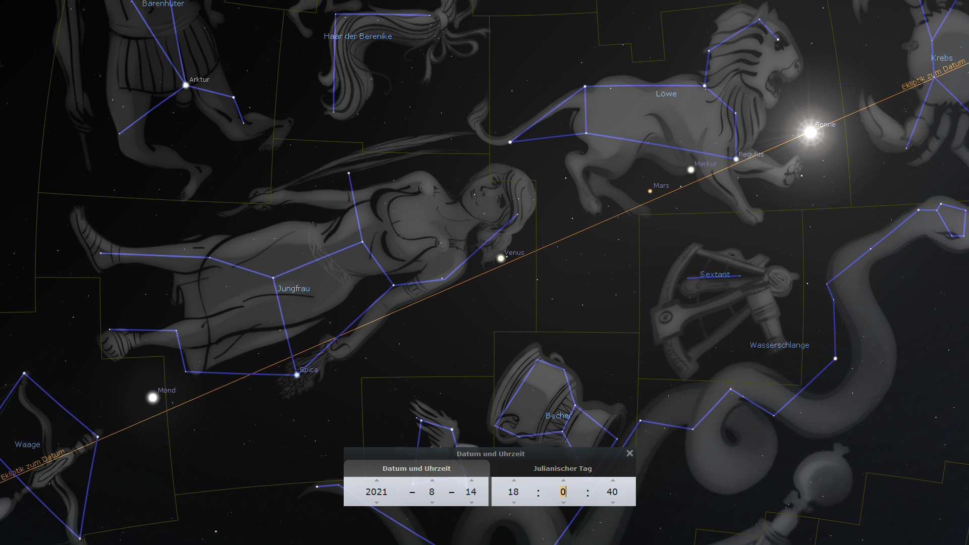 Sternenkarte mit dargestellten Konstellationen und hellen Himmelskörpern, darunter Venus und Mars, und Sternen wie Spica und Arktur. Die Mazzaroth-Figuren wie der Löwe und die Jungfrau sind durch blaue Linien verbunden, die ihre Umrisse skizzieren. Markante Sterne wie Regulus sind deutlich sichtbar, umgeben von digitalen Angaben zu Datum und Uhrzeit.