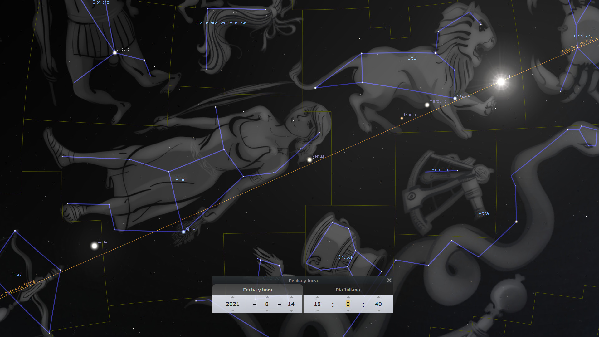 Imagen digital de un mapa estelar con ilustraciones detalladas de varias constelaciones, conectadas por líneas que forman figuras humanas y de animales. Planetas como Venus y Marte, y estrellas como Arturo y Regulo, están marcados. También se muestra la posición de la Luna y el Sol. En la parte inferior, se visualiza una ventanita con la fecha y hora exacta del 14 de agosto de 2021 a las 18:00:40.