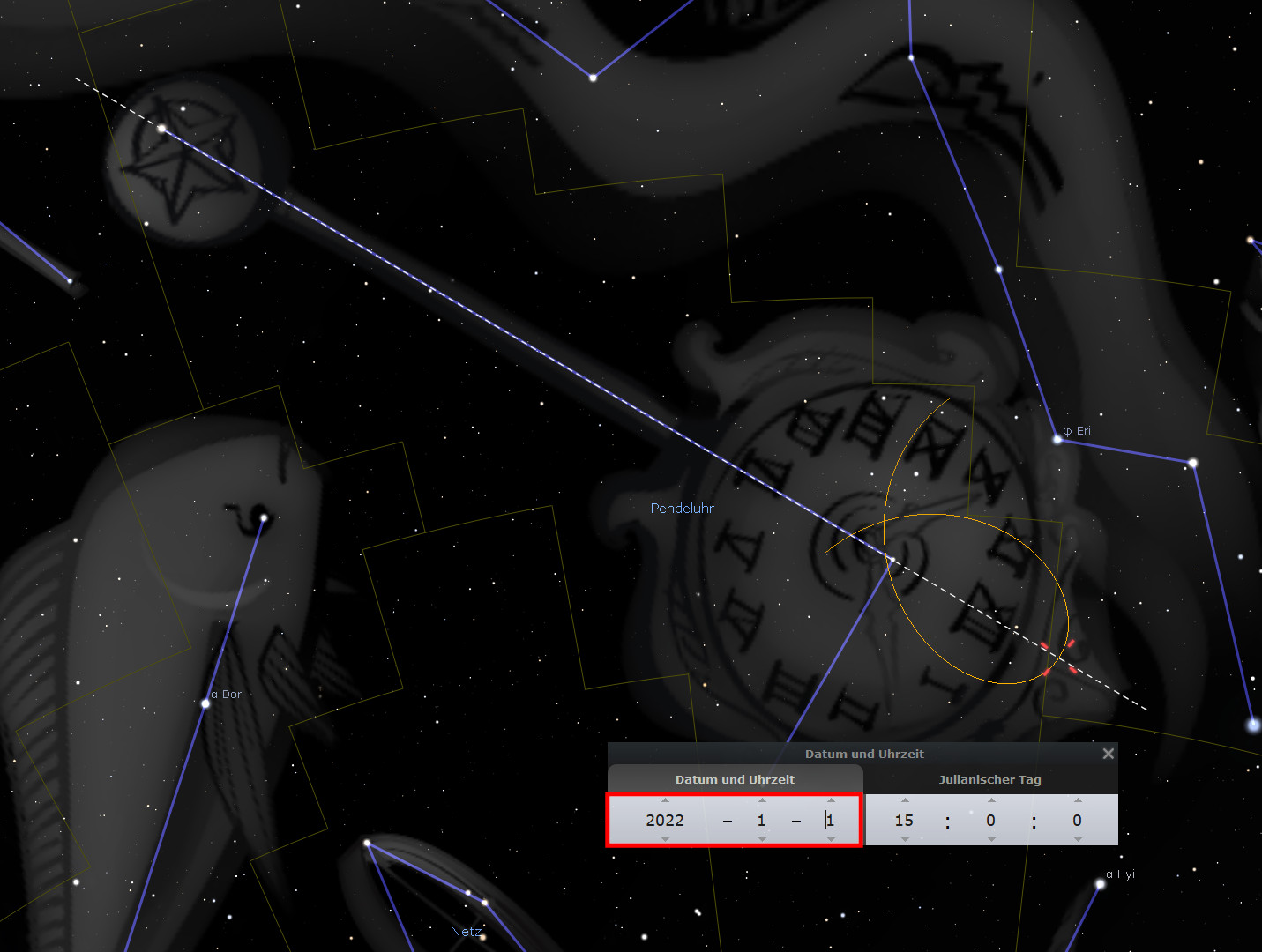 Ein digitales Sternenkartebild, auf dem verschiedene astronomische Objekte und die Mazzaroth-Symbole in dunklen Grautönen und Blautönen dargestellt sind. Eine Software-Schnittstelle zeigt Spezifikationen wie Datum und Uhrzeit eines beobachteten Himmelsereignisses.