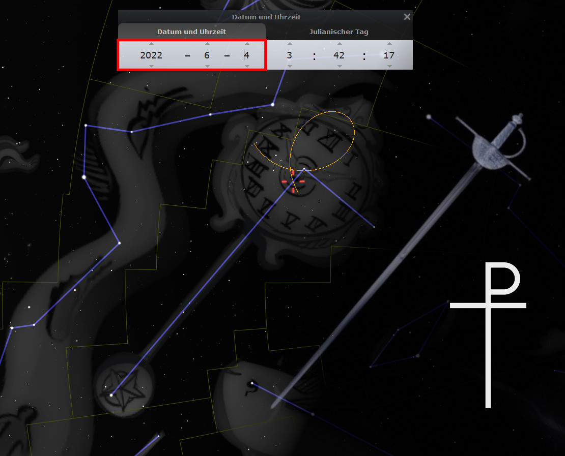 Interaktives astronomisches Instrument zeigt eine Einstellung aus dem Jahr 2022 mit sichtbaren Sternbildern und einer Darstellung der Mazzaroth über ein Rad mit römischen Ziffern. Ein Schwert symbolisiert auf der rechten Seite eine spezifische Sternposition.