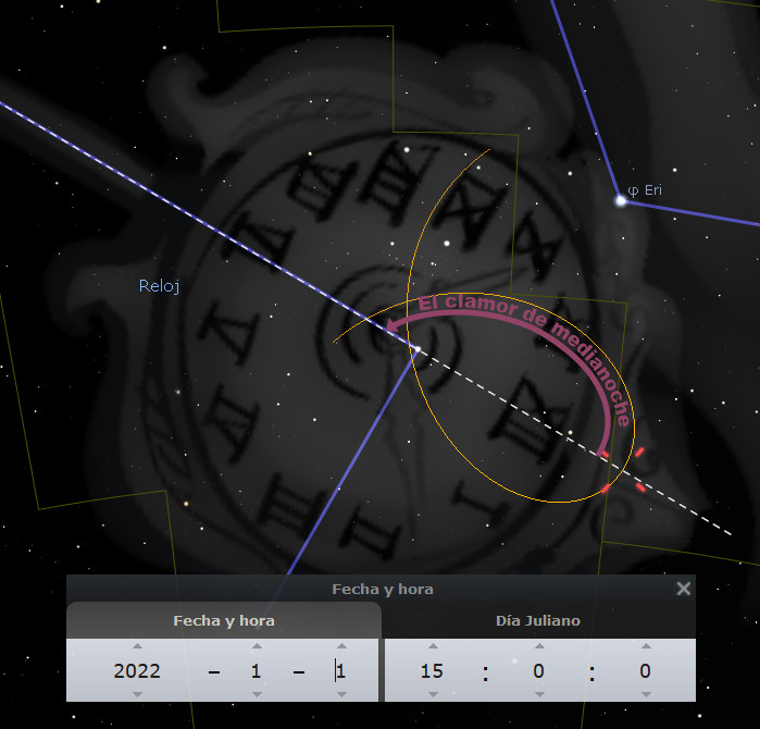 Representación gráfica celestial donde constelaciones interactúan con un fondo estelar oscuro, incluyendo elementos visuales como tramas de coordenadas y símbolos en esferas que recuerdan antiguos métodos de marcar el tiempo y eventos celestiales. La imagen también muestra superposiciones de texto y líneas que indican posiciones astronómicas, sin hacer referencia a sistemas astrológicos específicos.