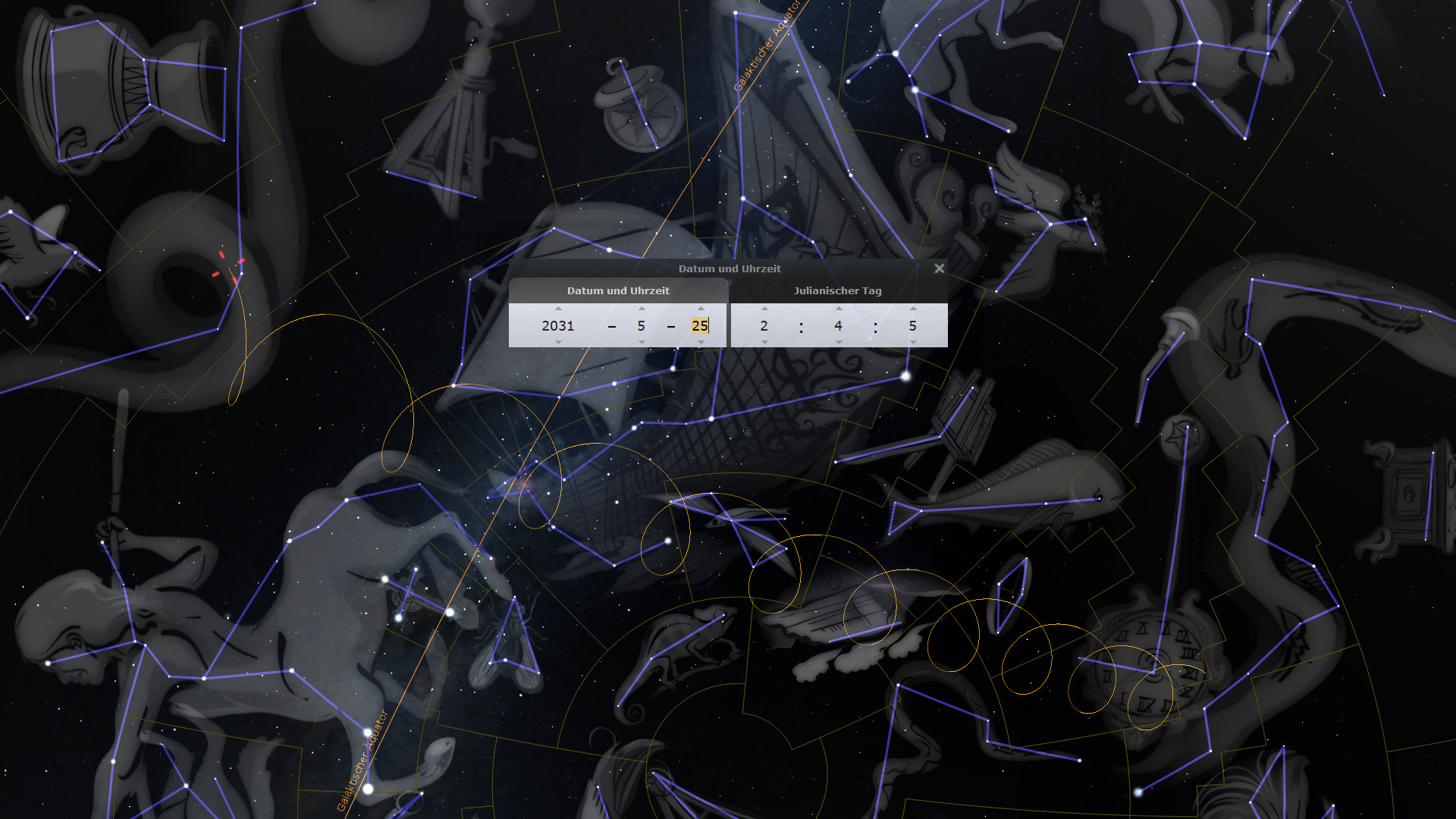 Ein komplexes Bild mit Hintergrund der Sternennacht, auf dem verschiedene symbolische Darstellungen aus der Mazzaroth überlagert mit einem Netz aus gelben und blauen Linien erscheinen. Im Vordergrund ist ein Dialogfenster zu sehen, das Datum und Uhrzeit zeigt, darauf eingestellt auf den 25. Mai 2031.