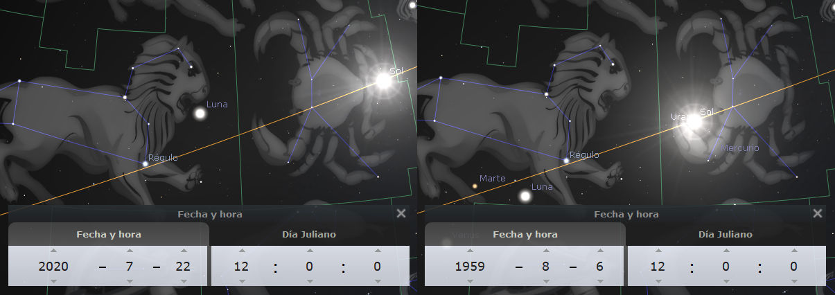 Imagen de dos pantallas de un software astronómico mostrando un mapa estelar con la constelación de Leo destacada en verde. En la pantalla izquierda, fechada el 22 de julio de 2020, se observan la Luna y la estrella Regulus cerca de la línea ecuatorial celeste. La pantalla derecha, del 6 de agosto de 1959, muestra el Sol, Marte, Mercurio y Urano alineados cerca de la misma constelación junto a la Luna y la estrella Regulus.