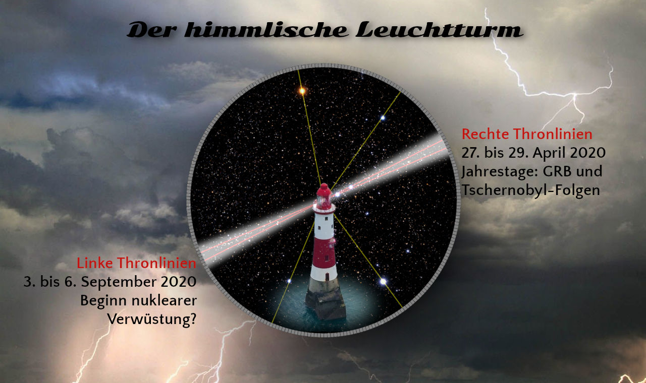 Ein Bild, das die Darstellung eines Leuchtturms zeigt, der von einem kreisförmigen Sternenfeld umgeben ist. Beim Leuchtturm treffen sich verschiedene Lichtstrahlen. Der Hintergrund zeigt eine dramatische Wolkenszene mit sichtbaren Blitzen. Textelemente auf dem Bild geben Verweise auf spezifische Daten und Ereignisse an.