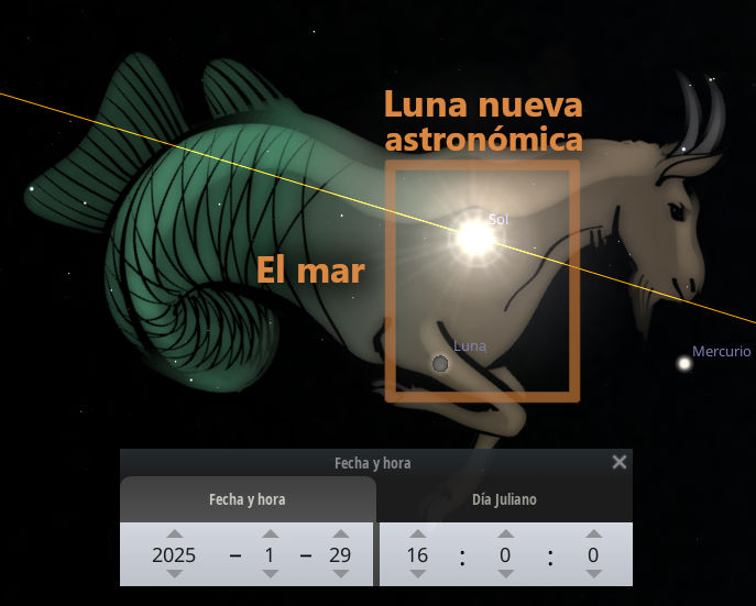 Ilustración digital mostrando el sol brillante alineado con la luna en un evento denominado nueva luna astronómica. En primer plano, representaciones estilizadas de dos grandes criaturas marinas del Mazzaroth, una con cuerpo de cabra y otra con cuerpo de pez, frente a un fondo estrellado con la fecha y hora específica del evento en 2025.