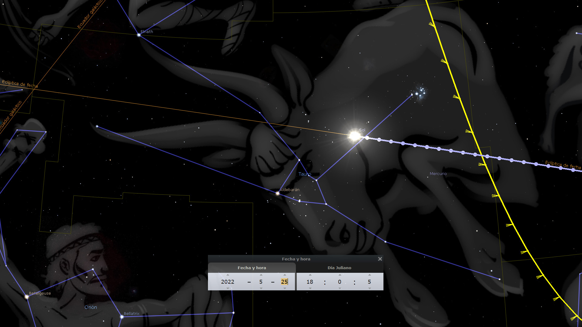 Imagen astronómica digital que muestra el sector nocturno del cielo con representaciones visuales del sol y constelaciones notables, incluidos Orion y una figura correlacionada con el Mazzaroth. Se observan líneas que indican las trayectorias eclípticas y estrellas individuales como Aldebarán y Betelgeuse. Además, hay una ventana de software que muestra la fecha y la hora específica.